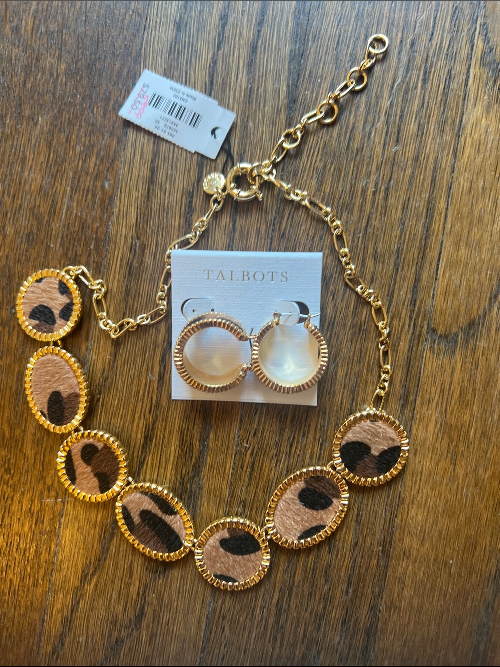 Talbots Gold and Brown Leopard Disc Necklace with Matching Hoop Earrings